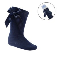 S141-N: Navy Knee Length Socks w/Bow (0-24 Months)